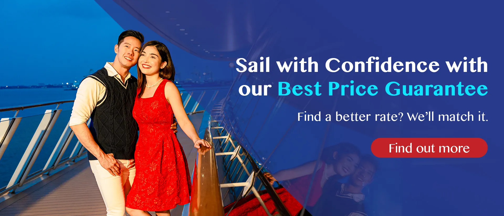 Couple enjoying evening on Genting Dream Cruise deck with best price guarantee offer