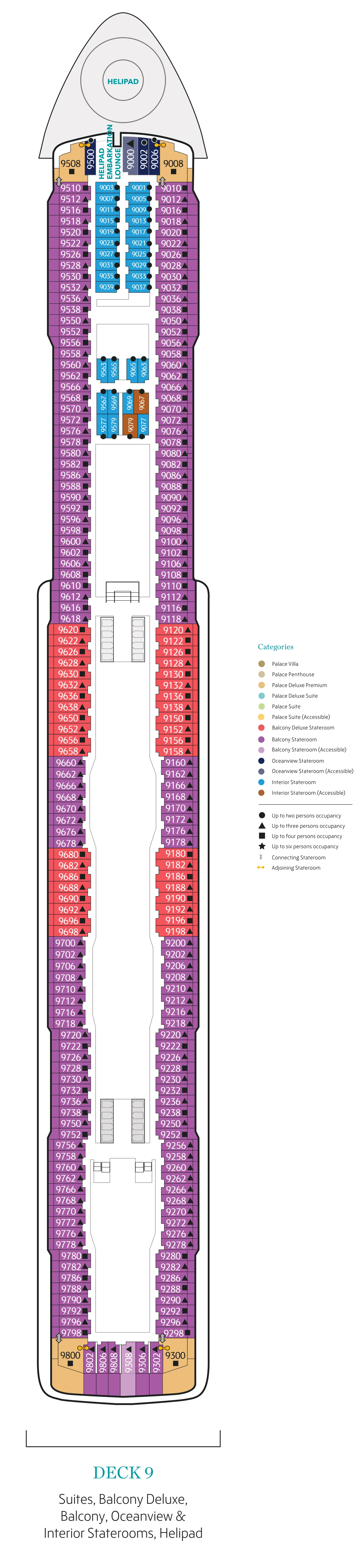 Deck 9 stateroom layout and helipad lounge